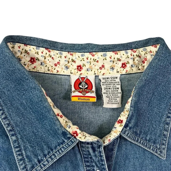 Vintage Looney Tunes Denim Jean Shirt Tweety Bird Naughty But Nice Size 26W/28W - Picture 3 of 6